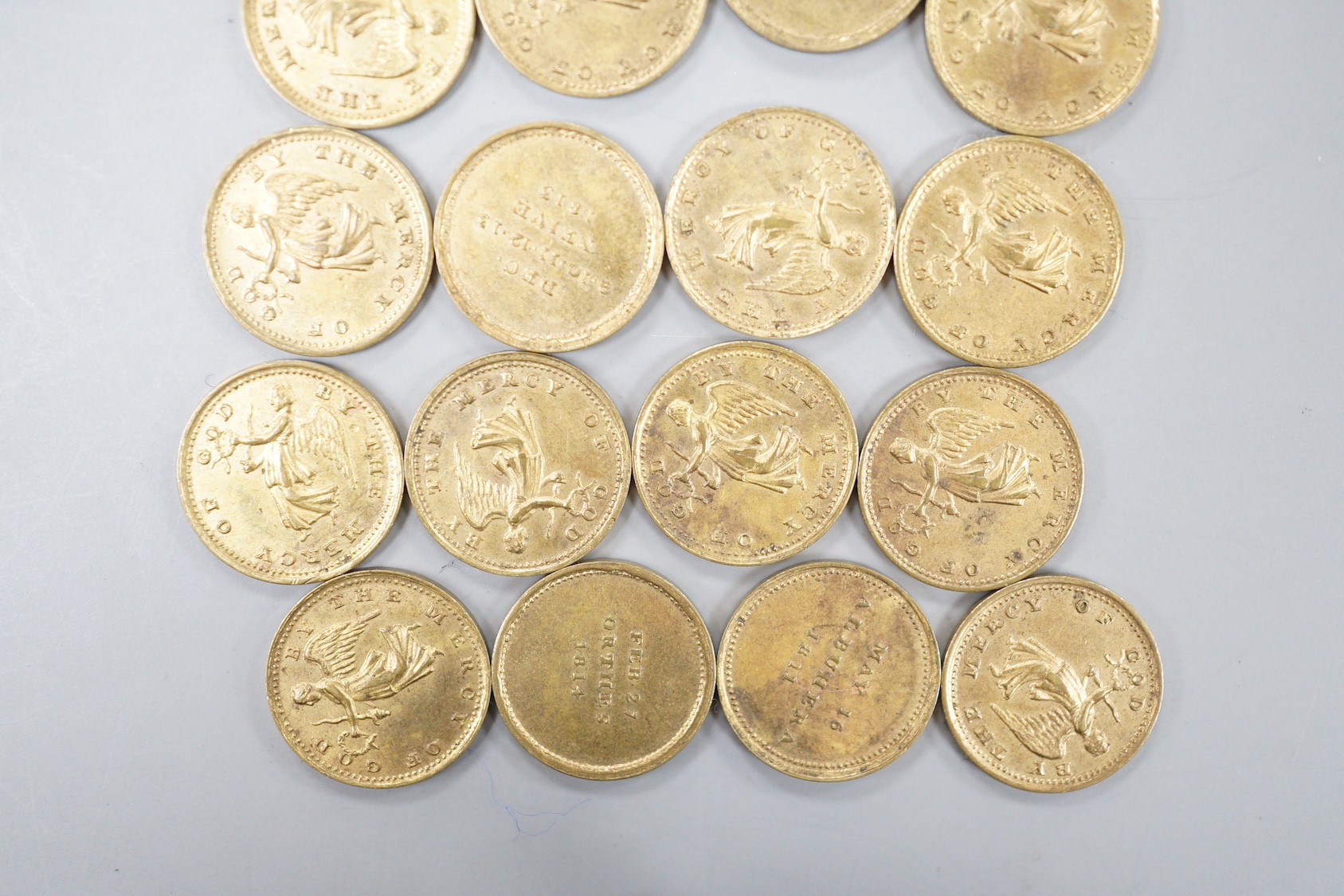 ‘Marquis of Wellington’ British Victories in the Peninsular Campaign cylindrical brass box by Thomason & Jones, containing 23 gilt medallions depicting Winged Victory and the date of a Peninsular battle